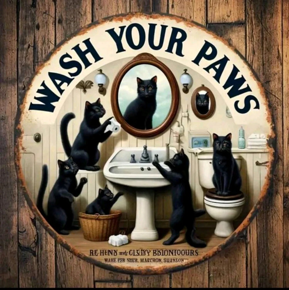 Home bath decor black cats in bathroom Wash Your Paws circular metal wall sign - Picture 1 of 4
